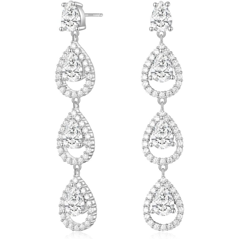Sterling Silver Dangle Earrings Cubic Zirconia Wedding Bridal Jewelry - Picture 1 of 6